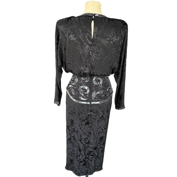 A.J. BARI 100% Silk 1980s Vintage Black Dress Asymmetrical Beaded with Sequins - Picture 9 of 13